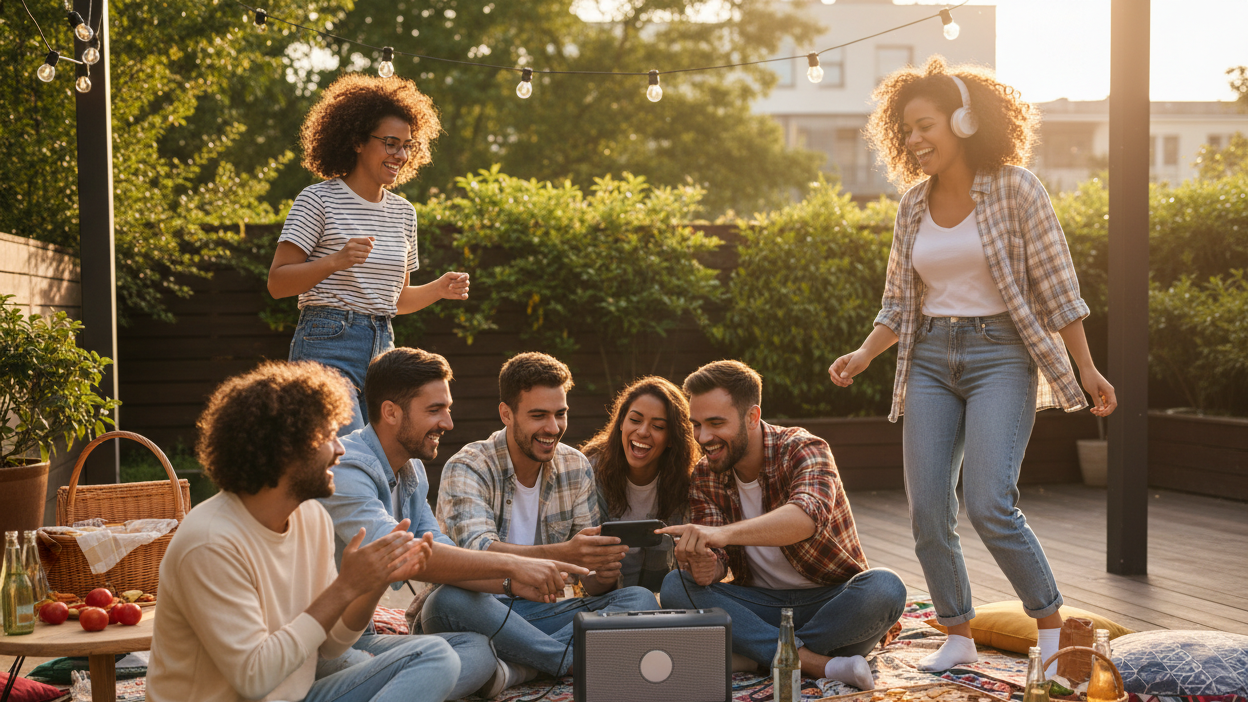 amigos escuchando musica divirtiendose estando felices