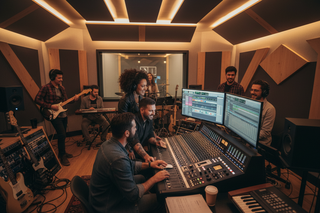 crea una imagen de un team trabajando en un estudio de musica