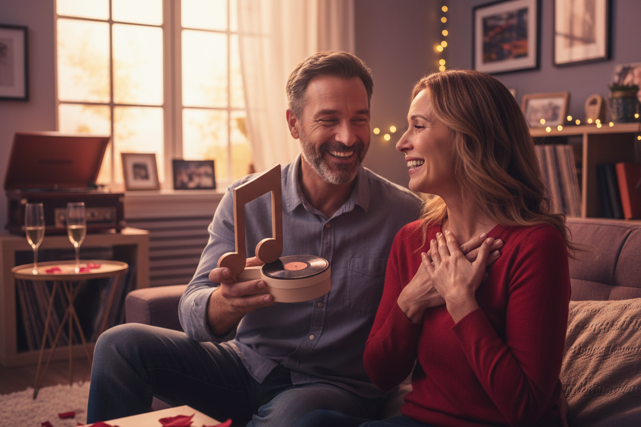 hombre regalando a su esposa una canción y se los vé muy felices